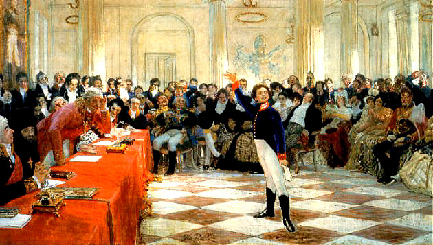 Ilya Repin Alexander Sergeyevich Pushkin recites his poem before Gavrila Derzhavin during the Tsarskoye Selo Lyceum exam on January 8th